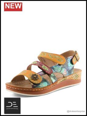 Hand Painted Leather Slide Sandals with Adjustable Straps